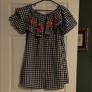 Umgee Black and White Gingham Dress with Red Floral Embroidery